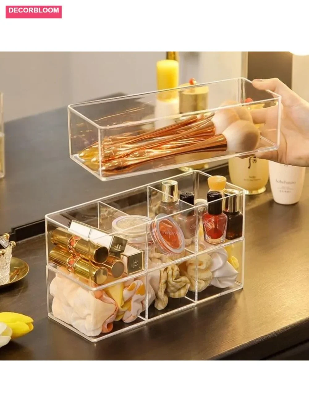 Clear Acrylic Stackable Makeup Organizer - 3 Compartment Cosmetic Storage for